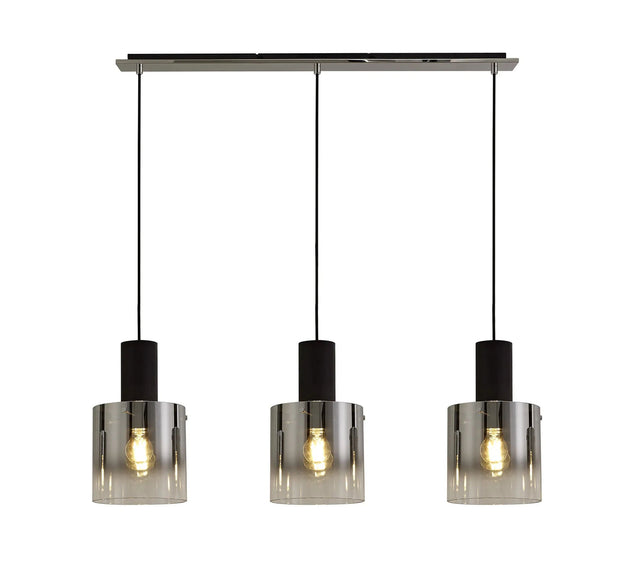 Chisholm Linear Pendant, 3 Light Adjustable E27, Black/Smoke Fade Glass