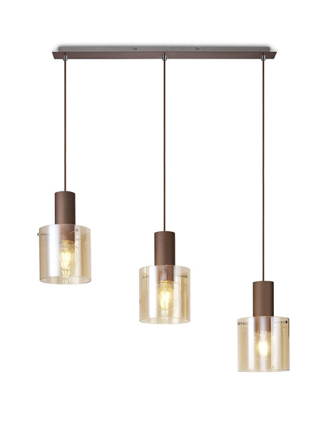 Chisholm Linear Pendant, 3 Light Adjustable E27, Mocha/Amber Glass