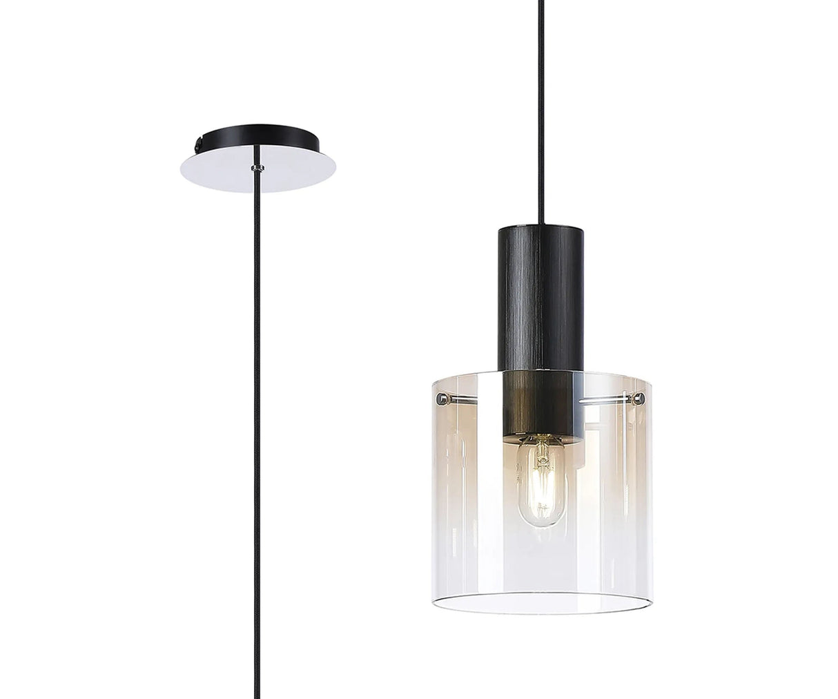Chisholm Single Pendant, 1 Light Adjustable E27, Black/Amber Fade Glass