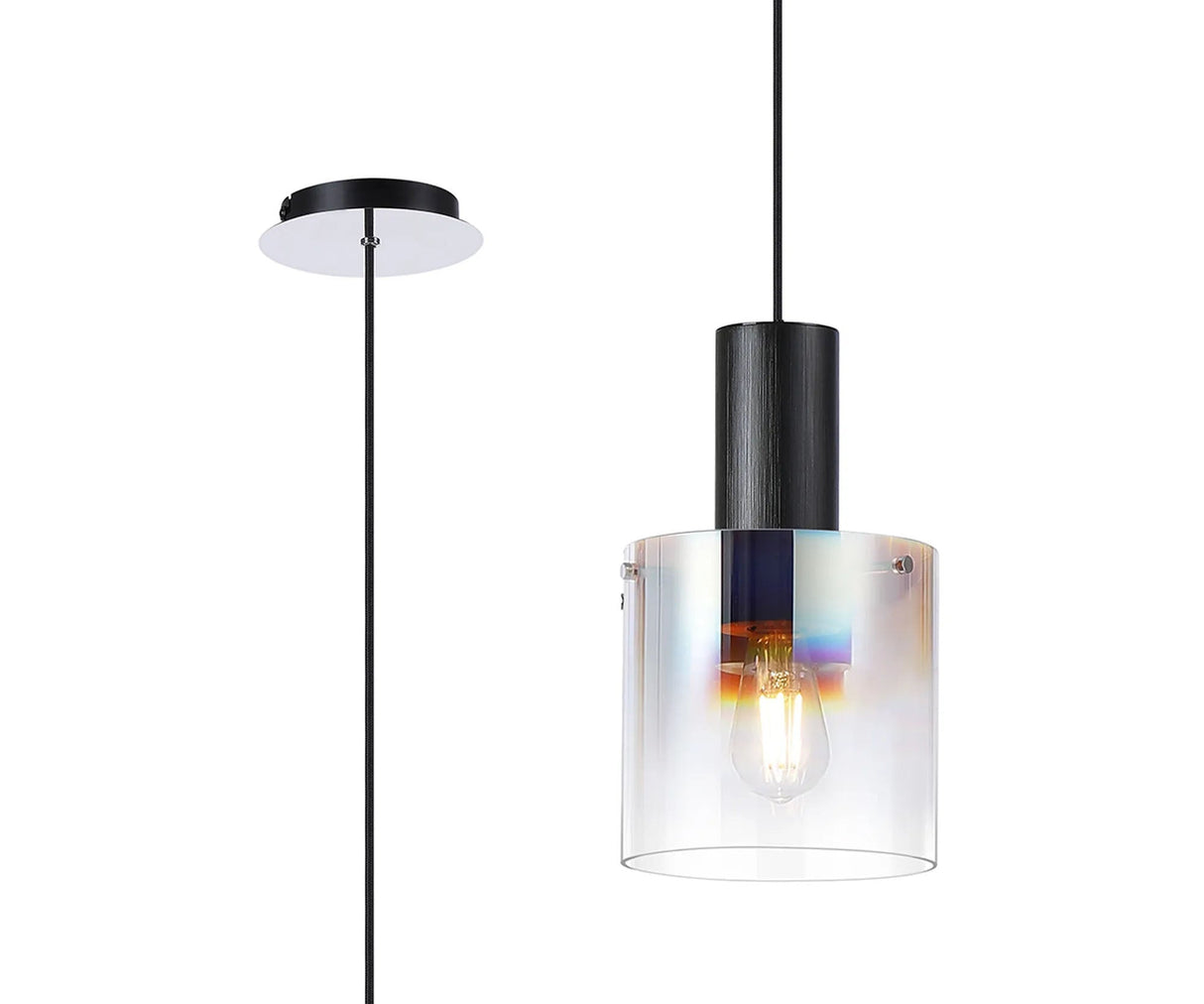Chisholm Single Pendant, 1 Light Adjustable E27, Black/Iridescent Fade Glass