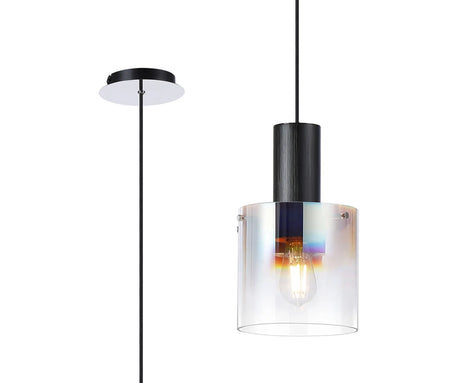 Chisholm Single Pendant, 1 Light Adjustable E27, Black/Iridescent Fade Glass