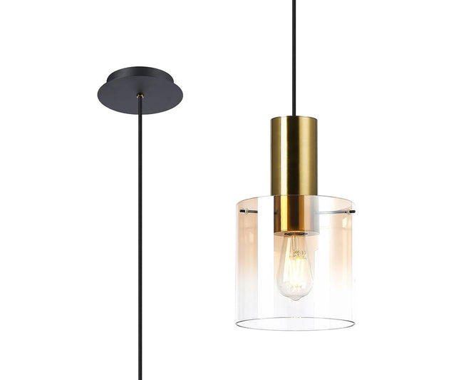 Chisholm 20cm Single Pendant, 1 Light Adjustable E27, Brass/Sand Black/Amber Fade Glass