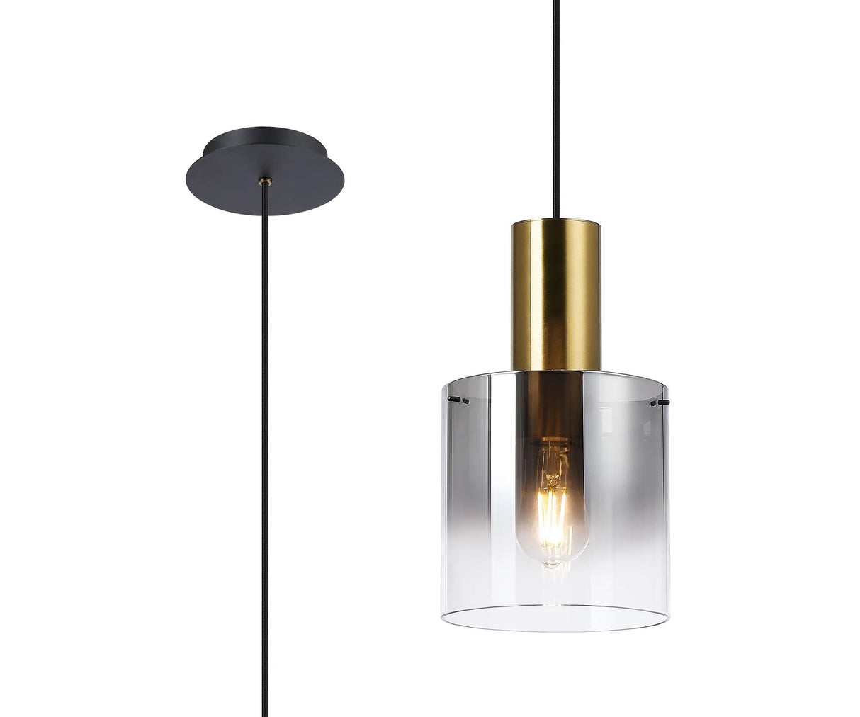 Chisholm 20cm Single Pendant, 1 Light Adjustable E27, Brass/Sand Black/Smoke Fade Glass