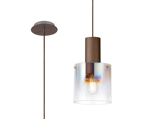 Chisholm Single Pendant, 1 Light Adjustable E27, Mocha/Iridescent Fade Glass