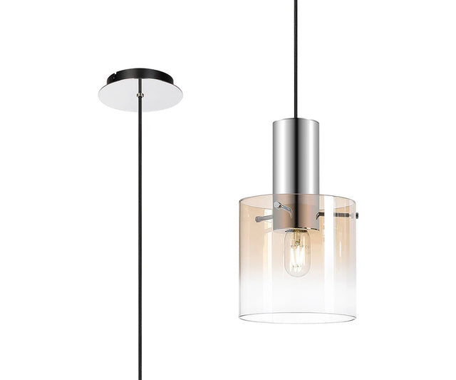 Chisholm Single Pendant, 1 Light Adjustable E27, Polished Nickel/Black/Amber Fade Glass