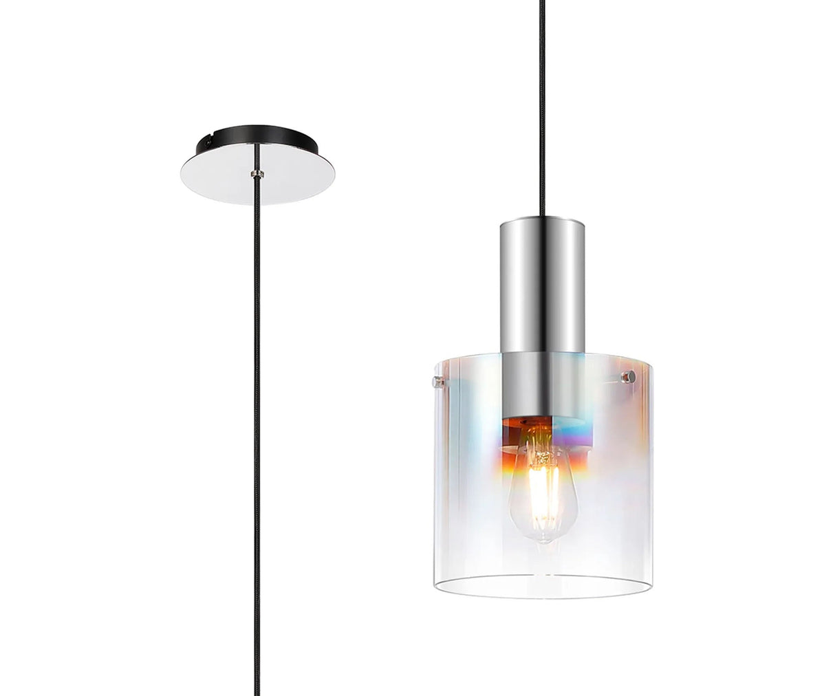 Chisholm Single Pendant, 1 Light Adjustable E27, Polished Nickel/Black/Iridescent Fade Glass