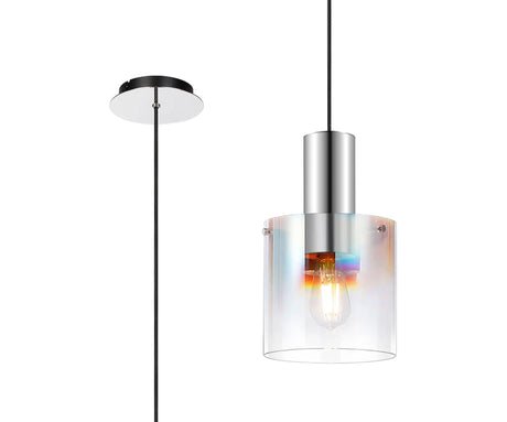 Chisholm Single Pendant, 1 Light Adjustable E27, Polished Nickel/Black/Iridescent Fade Glass