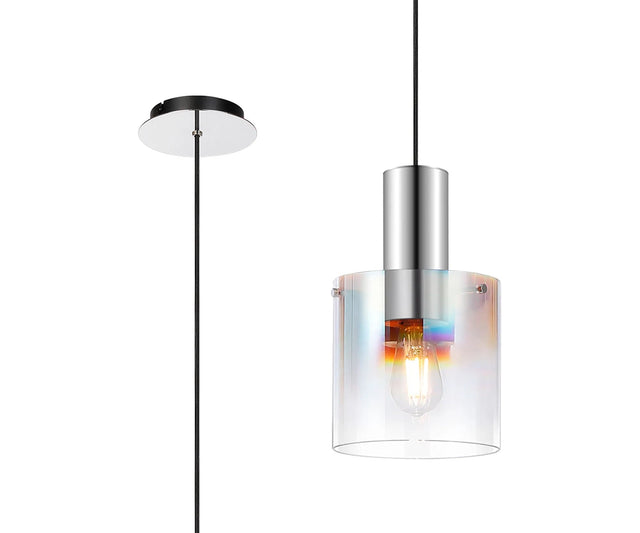 Chisholm Single Pendant, 1 Light Adjustable E27, Polished Nickel/Black/Iridescent Fade Glass