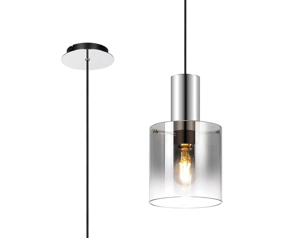 Chisholm Single Pendant, 1 Light Adjustable E27, Polished Nickel/Black/Smoke Fade Glass