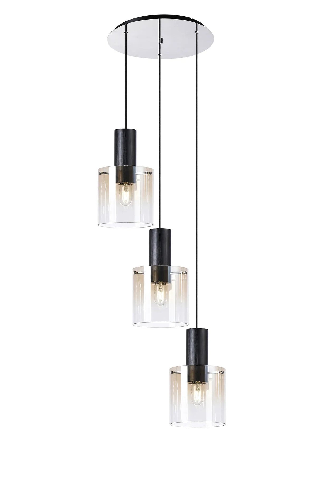 Chisholm Round Pendant, 3 Light Adjustable E27, Black/Amber Fade Glass