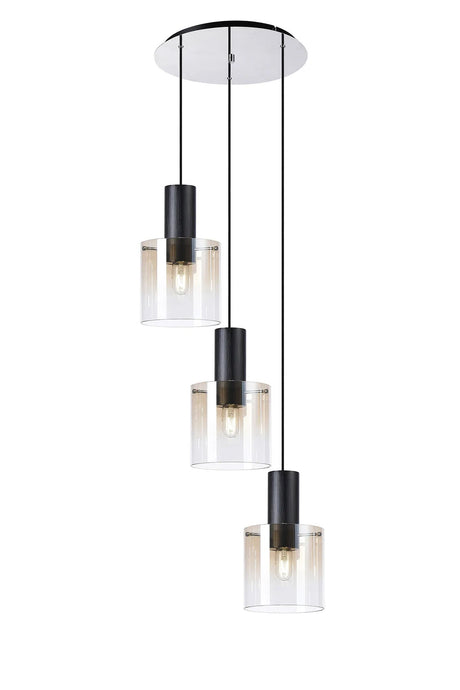 Chisholm Round Pendant, 3 Light Adjustable E27, Black/Amber Fade Glass