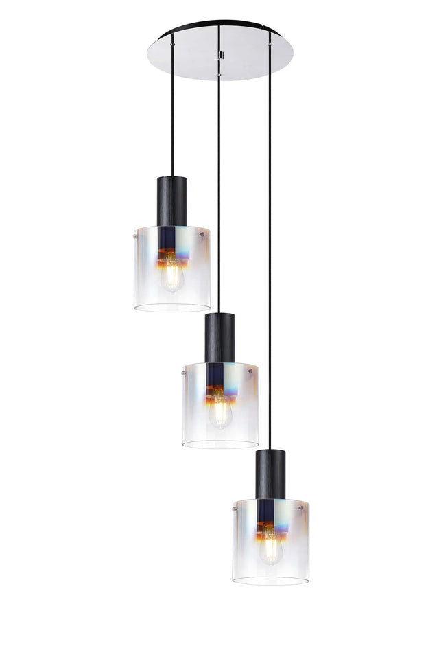 Chisholm Round Pendant, 3 Light Adjustable E27, Black/Iridescent Fade Glass