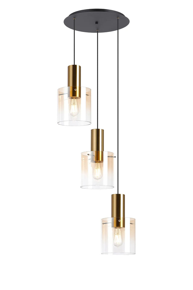 Chisholm 50cm Round Pendant, 3 Light Adjustable E27, Brass/Sand Black/Amber Fade Glass