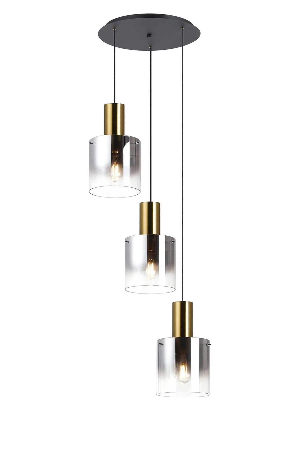 Chisholm 50cm Round Pendant, 3 Light Adjustable E27, Brass/Sand Black/Smoke Fade Glass