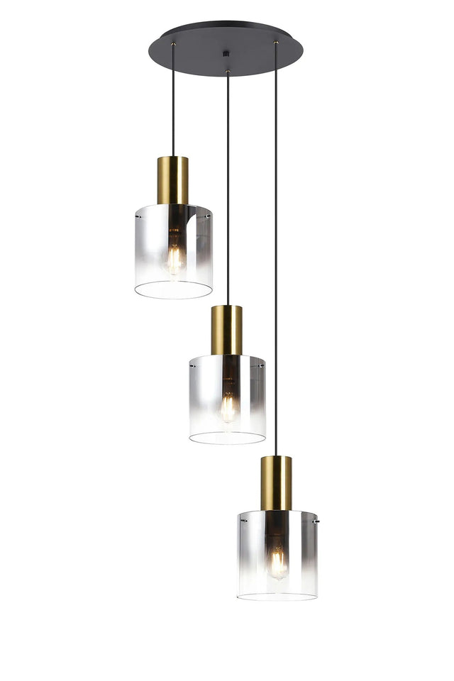 Chisholm 50cm Round Pendant, 3 Light Adjustable E27, Brass/Sand Black/Smoke Fade Glass