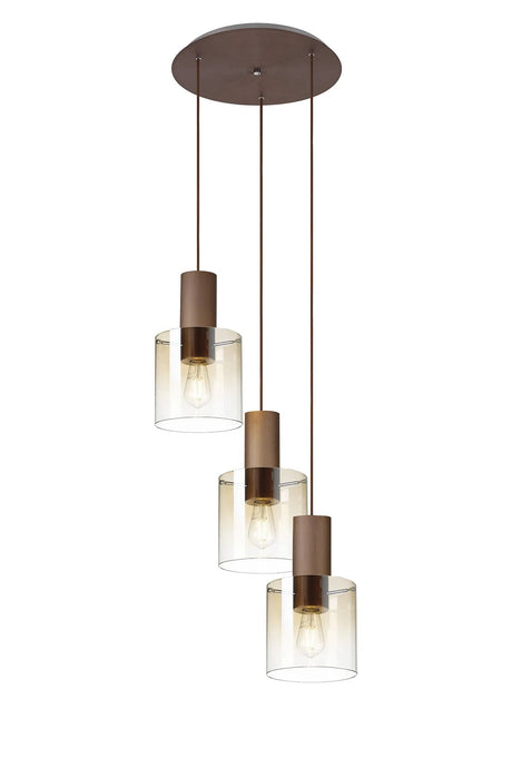 Chisholm Round Pendant, 3 Light Adjustable E27, Mocha/Amber Fade Glass