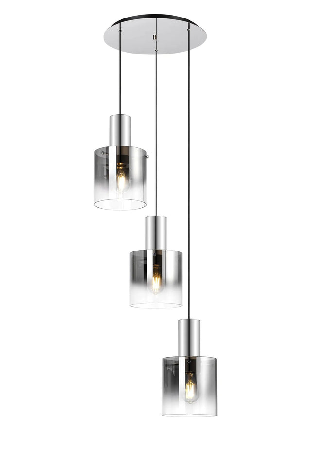 Chisholm Round Pendant, 3 Light Adjustable E27, Polished Nickel/Black/Smoke Fade Glass