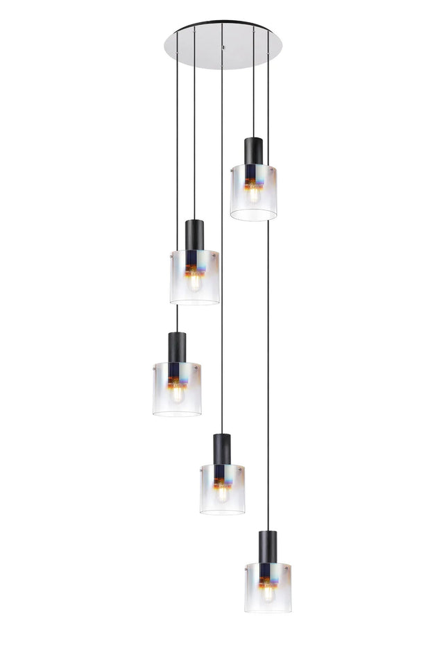 Chisholm 65cm Round Pendant, 5 Light Adjustable E27, Black/Iridescent Fade Glass