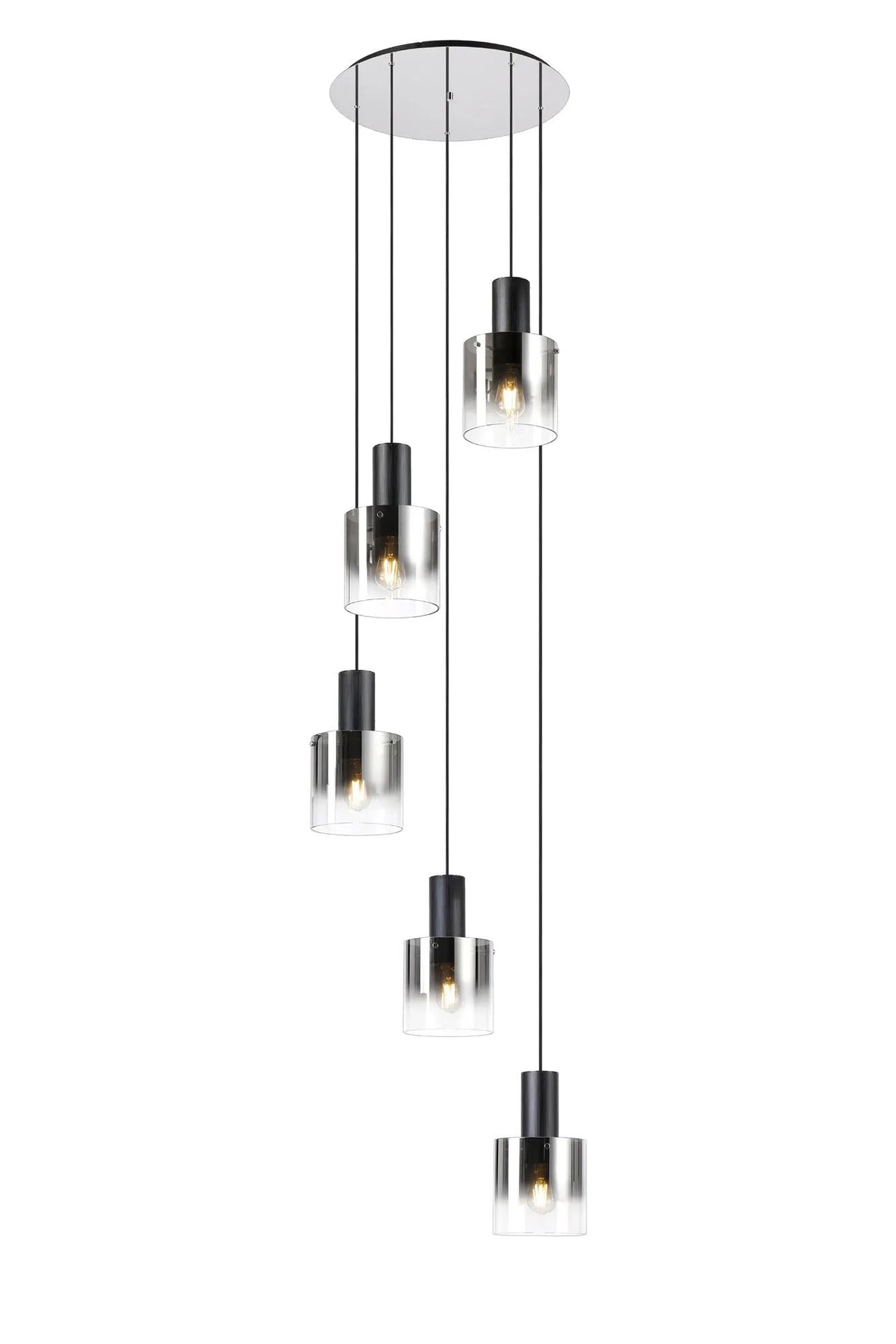 Chisholm 65cm Round Pendant, 5 Light Adjustable E27, Black/Smoke Fade Glass