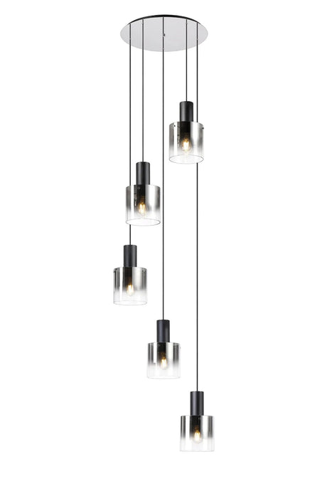 Chisholm 65cm Round Pendant, 5 Light Adjustable E27, Black/Smoke Fade Glass