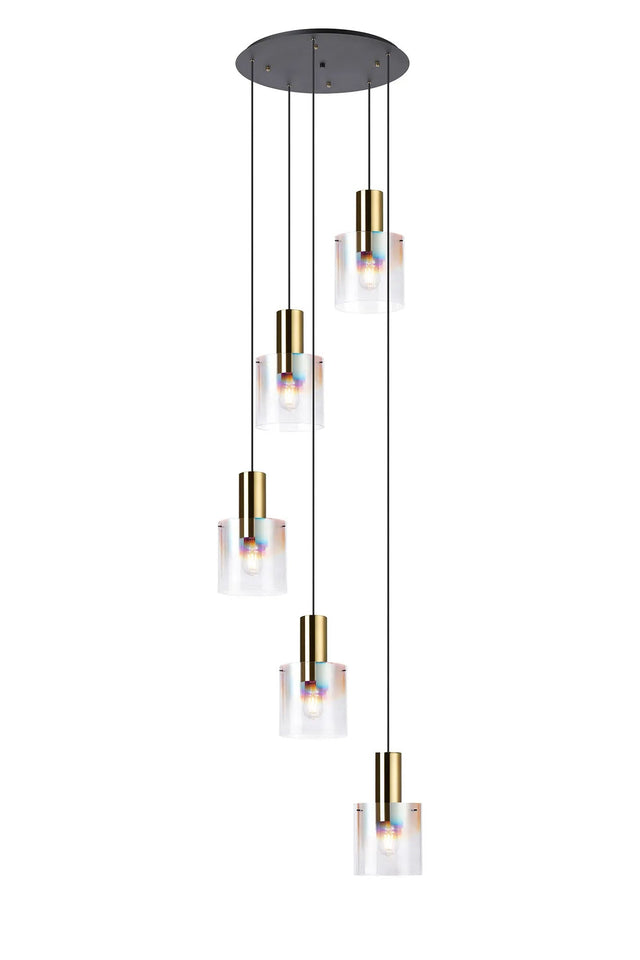 Chisholm 65cm Round Pendant, 5 Light Adjustable E27, Brass/Sand Black/Iridescent Fade Glass