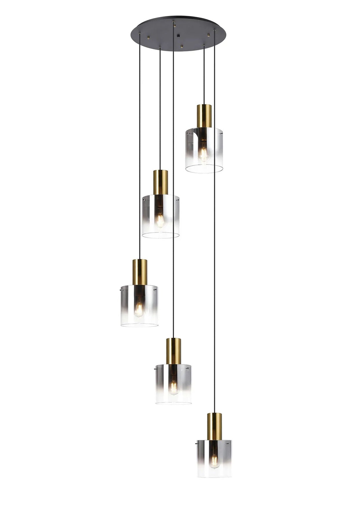 Chisholm 65cm Round Pendant, 5 Light Adjustable E27, Brass/Sand Black/Smoke Fade Glass