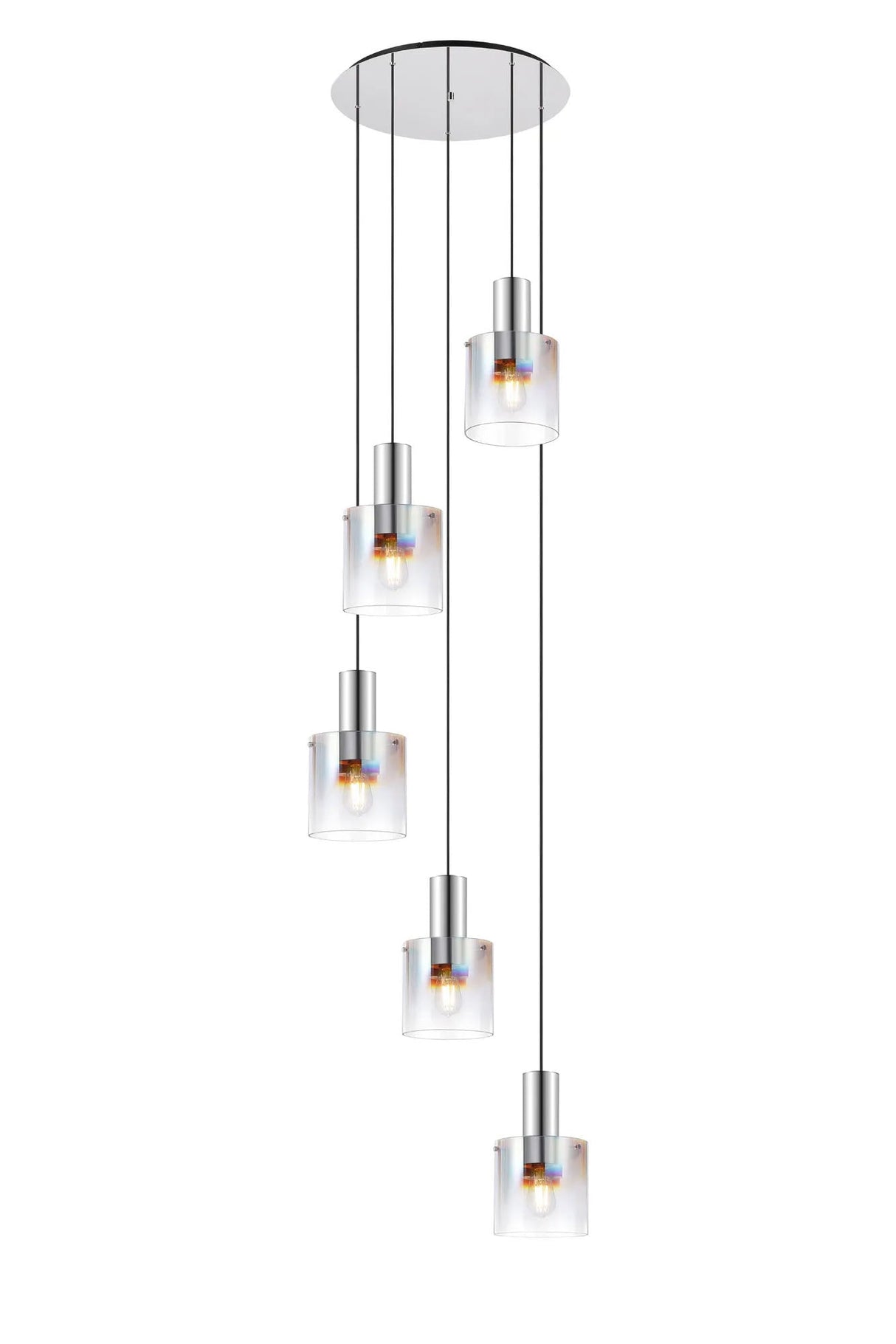 Chisholm Round Pendant, 5 Light E27, Polished Nickel/Black/Iridescent Fade Glass