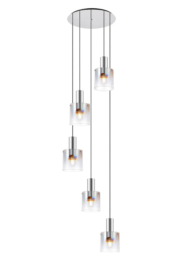 Chisholm Round Pendant, 5 Light E27, Polished Nickel/Black/Iridescent Fade Glass