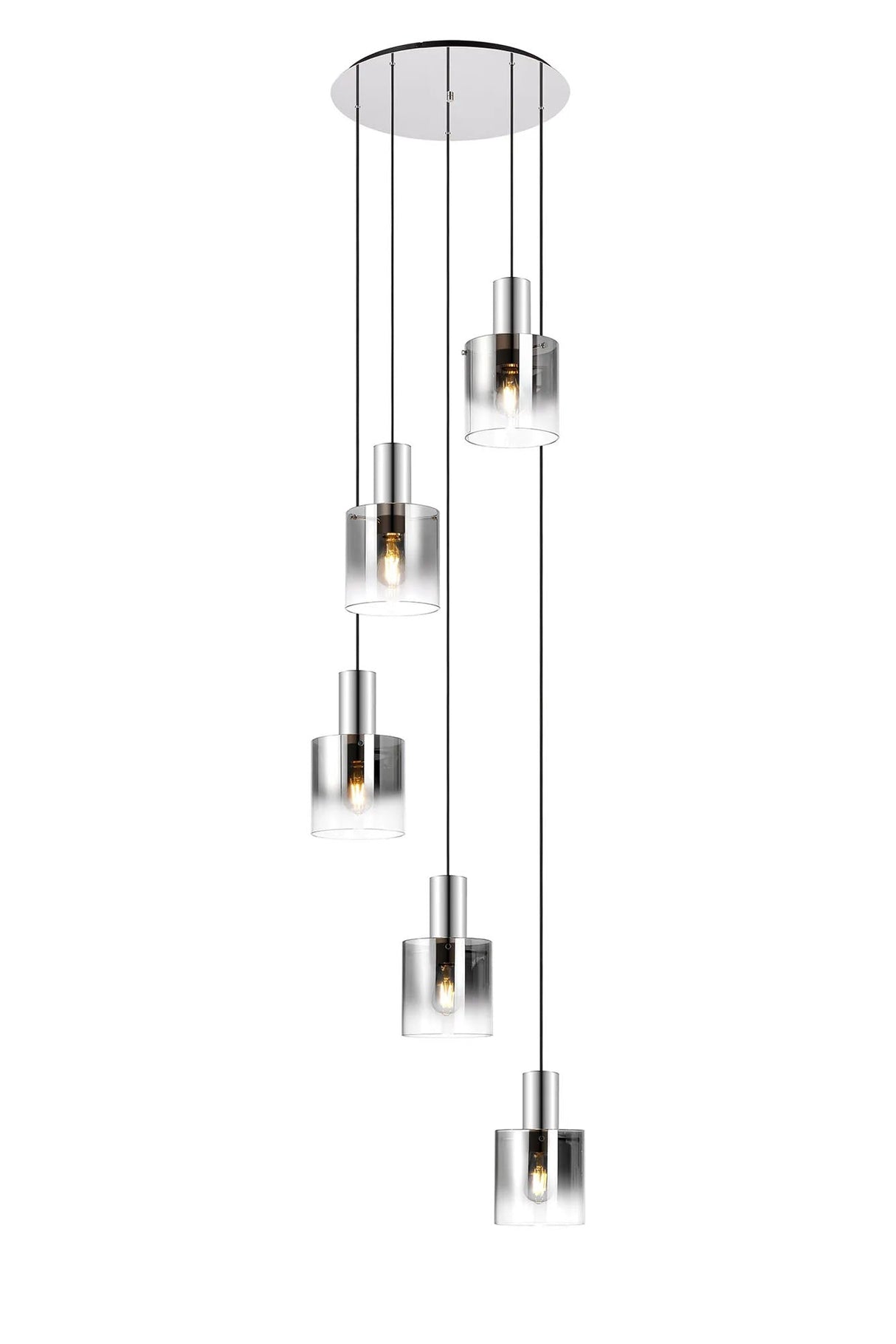 Chisholm Round Pendant, 5 Light E27, Polished Nickel/Black/Smoke Fade Glass