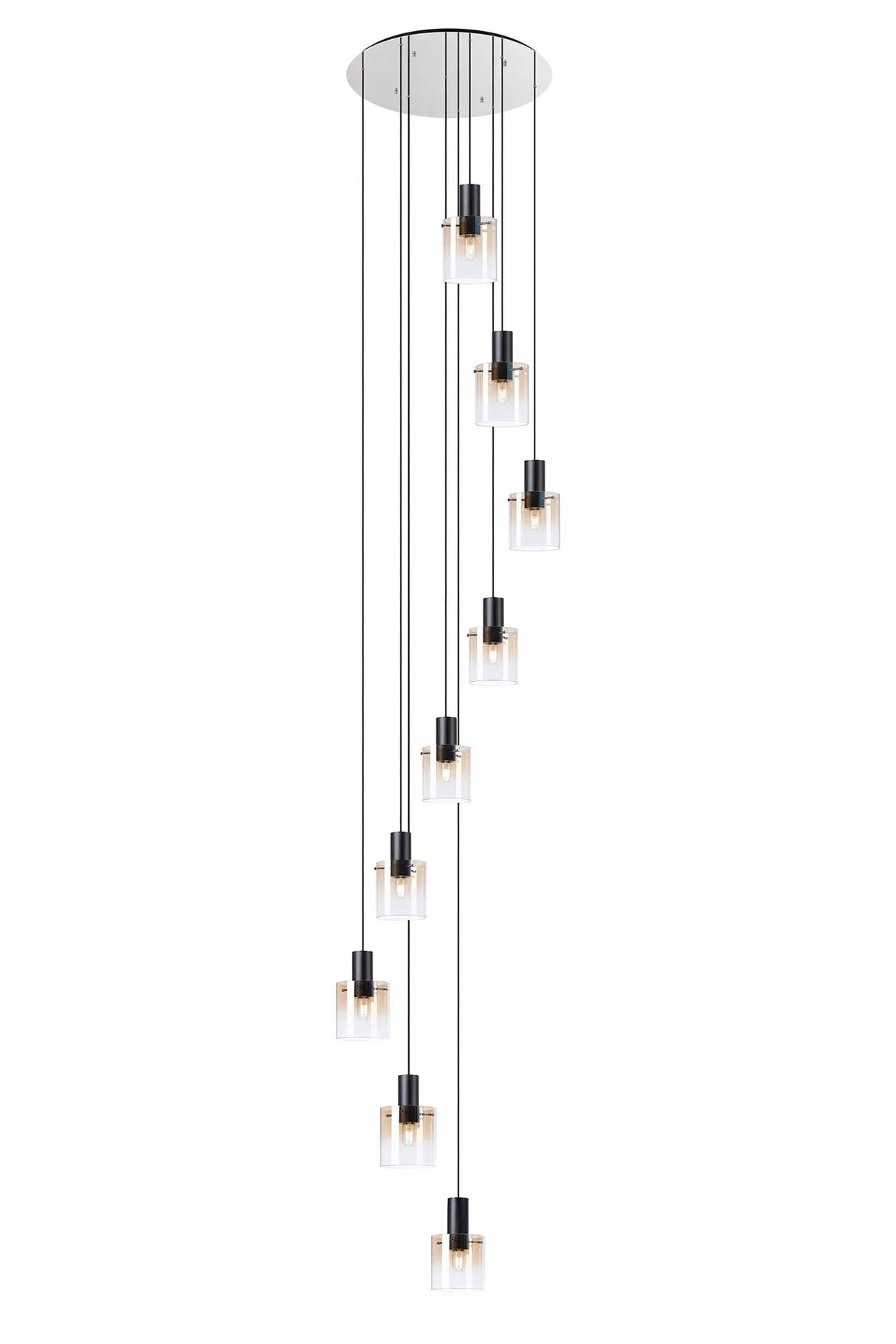 Chisholm 80cm Round Pendant, 9 Light Adjustable E27, Black/Amber Fade Glass