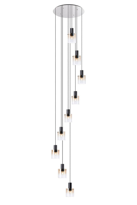 Chisholm 80cm Round Pendant, 9 Light Adjustable E27, Black/Amber Fade Glass