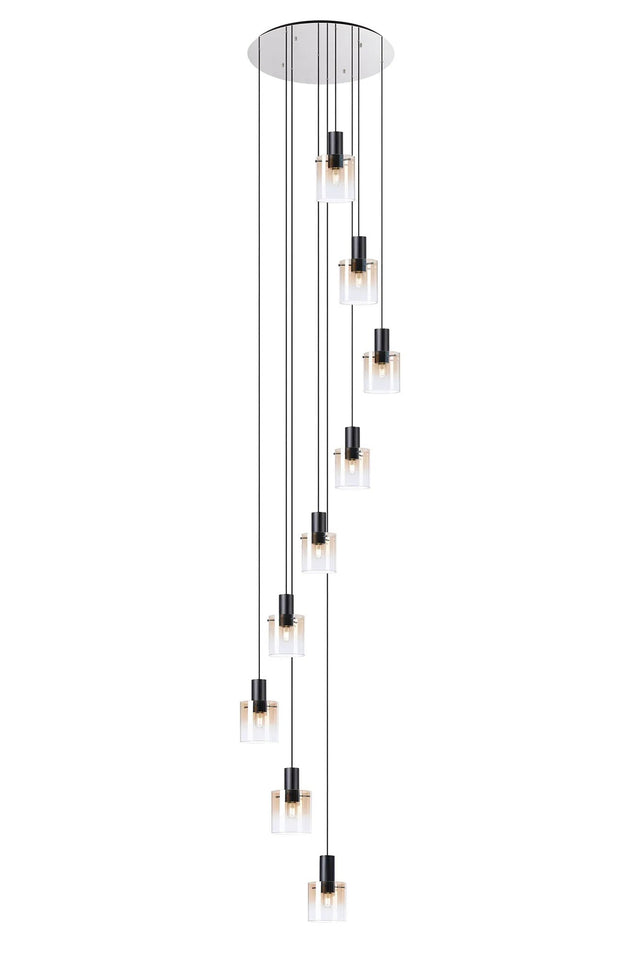 Chisholm 80cm Round Pendant, 9 Light Adjustable E27, Black/Amber Fade Glass