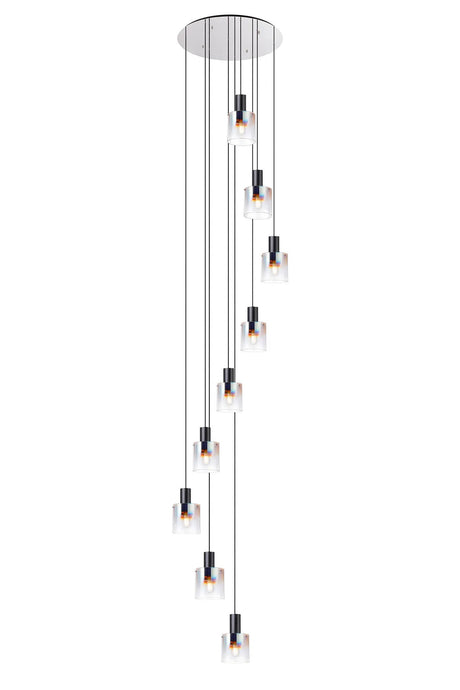 Chisholm 80cm Round Pendant, 9 Light Adjustable E27, Black/Iridescent Fade Glass