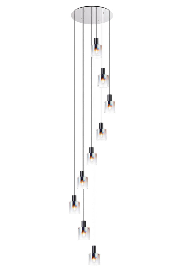 Chisholm 80cm Round Pendant, 9 Light Adjustable E27, Black/Iridescent Fade Glass