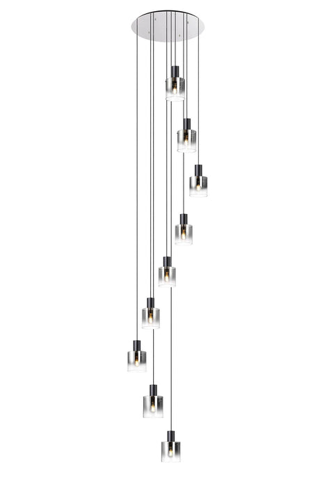 Chisholm 80cm Round Pendant, 9 Light Adjustable E27, Black/Smoke Fade Glass