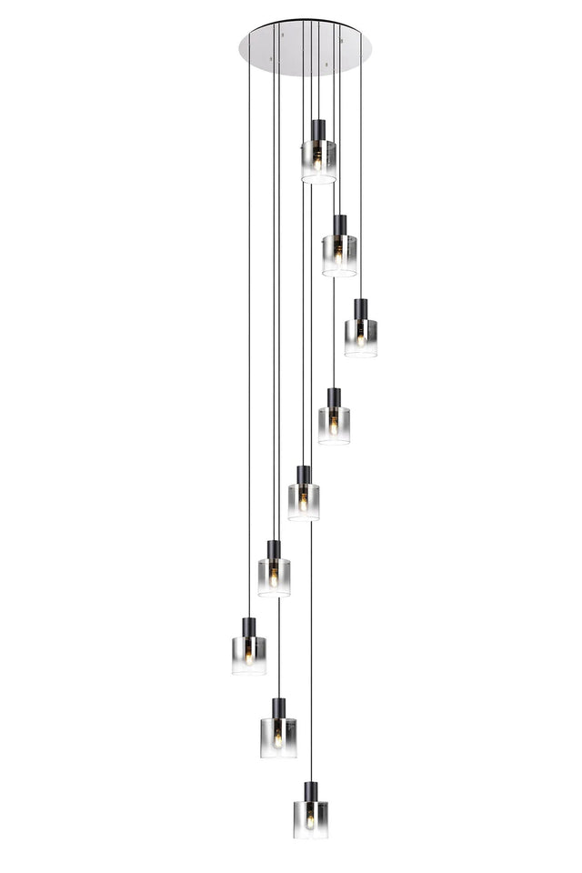 Chisholm 80cm Round Pendant, 9 Light Adjustable E27, Black/Smoke Fade Glass