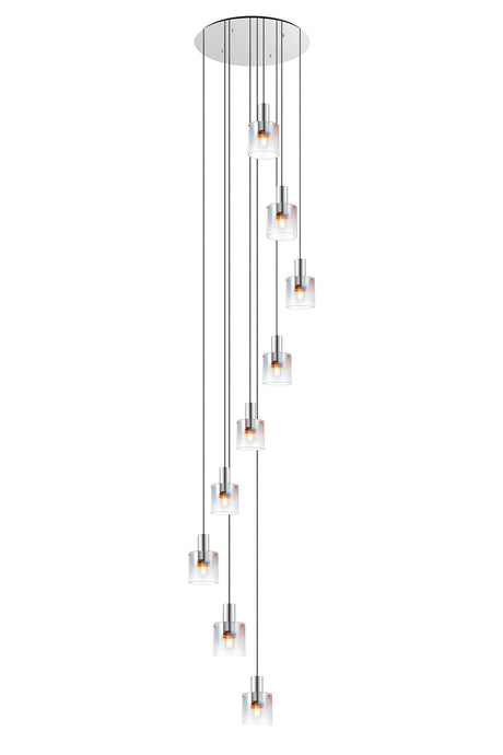 Chisholm Round Pendant, 9 Light E27, Polished Nickel/Black/Iridescent Fade Glass