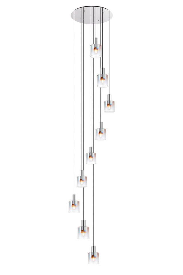 Chisholm Round Pendant, 9 Light E27, Polished Nickel/Black/Iridescent Fade Glass