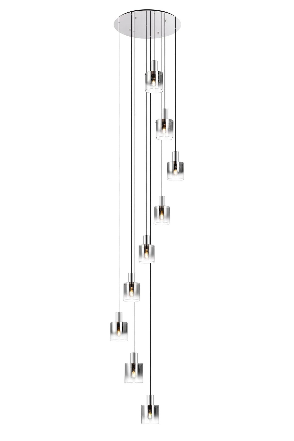 Chisholm Round Pendant, 9 Light E27, Polished Nickel/Black/Smoke Fade Glass