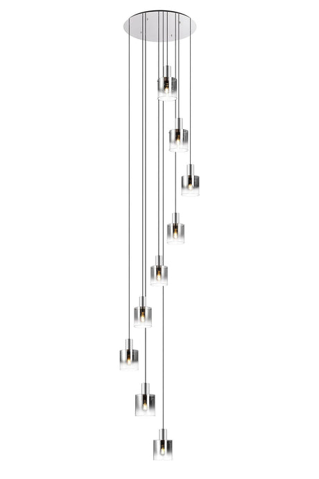 Chisholm Round Pendant, 9 Light E27, Polished Nickel/Black/Smoke Fade Glass