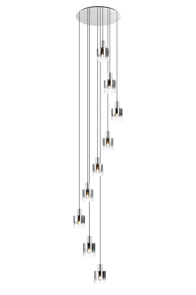 Chisholm Round Pendant, 9 Light E27, Polished Nickel/Black/Smoke Fade Glass