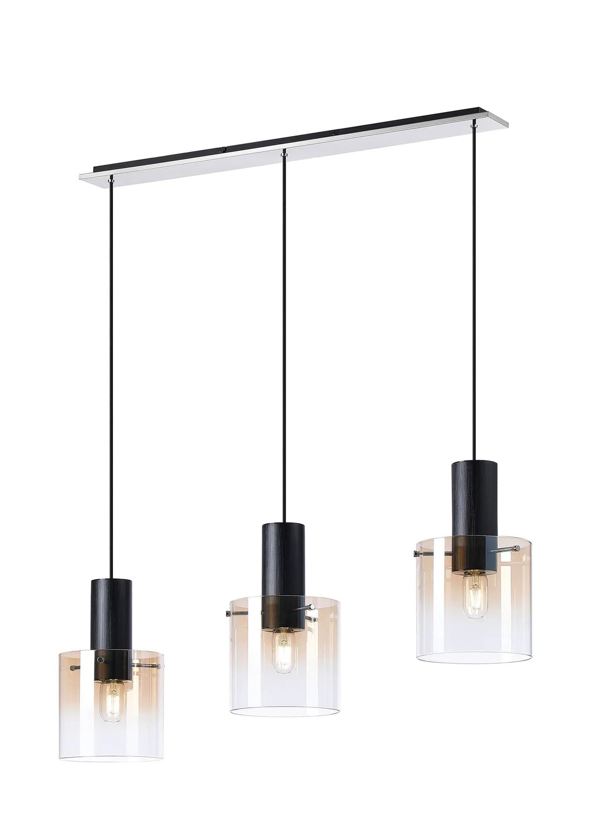 Chisholm Linear Pendant, 3 Light Adjustable E27, Black/Amber Fade Glass