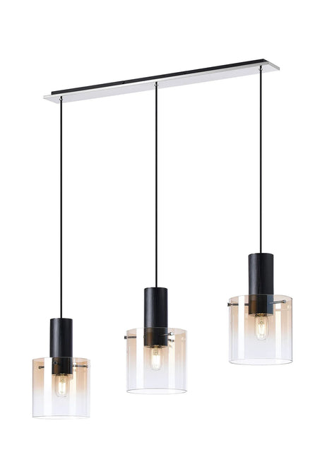 Chisholm Linear Pendant, 3 Light Adjustable E27, Black/Amber Fade Glass