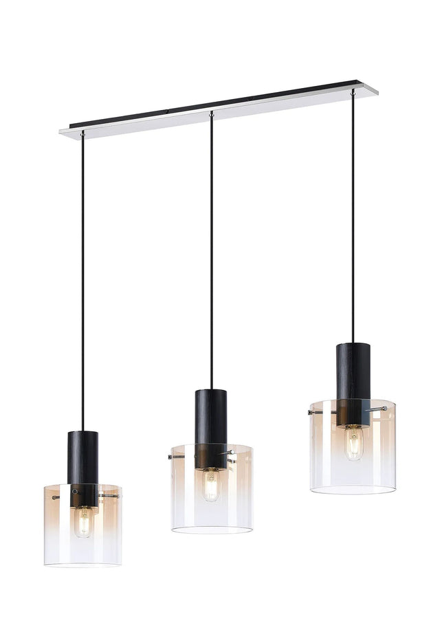 Chisholm Linear Pendant, 3 Light Adjustable E27, Black/Amber Fade Glass