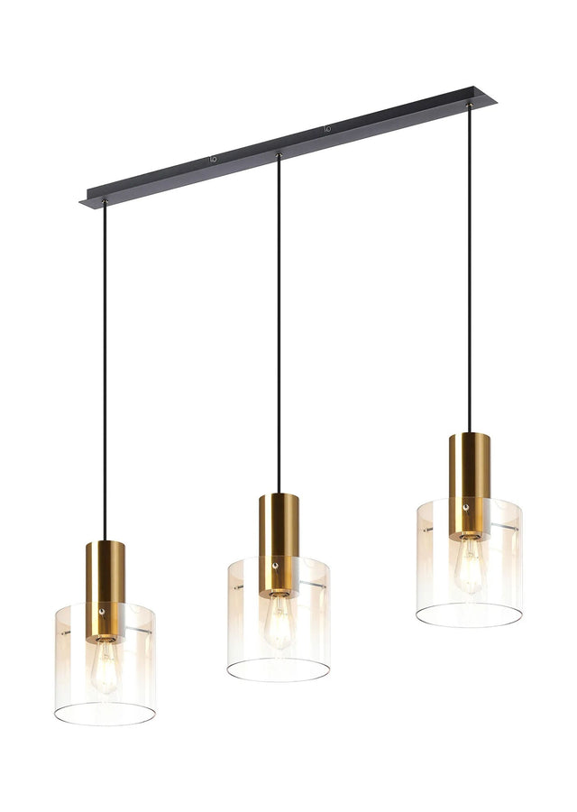 Chisholm Linear Pendant, 3 Light Adjustable E27, Brass/Sand Black/Amber Fade Glass