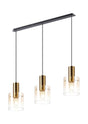 Chisholm Linear Pendant, 3 Light Adjustable E27, Brass/Sand Black/Amber Fade Glass