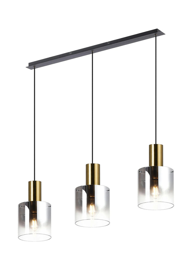 Chisholm Linear Pendant, 3 Light Adjustable E27, Brass/Sand Black/Smoke Fade Glass