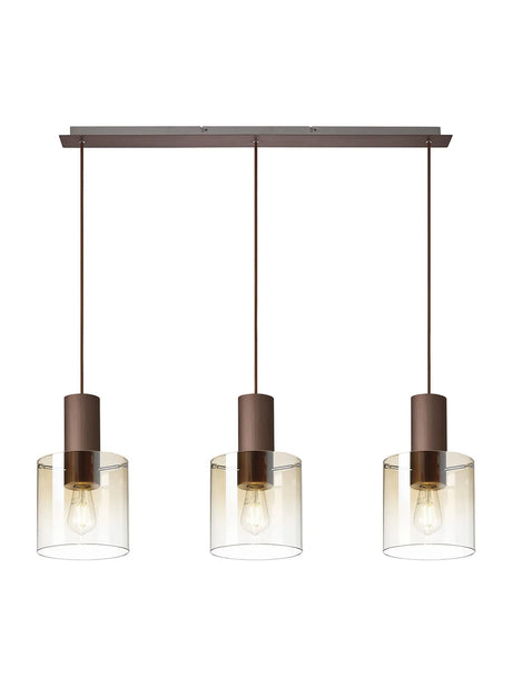 Chisholm Linear Pendant, 3 Light Adjustable E27, Mocha/Amber Fade Glass