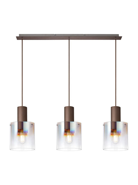 Chisholm Linear Pendant, 3 Light Adjustable E27, Mocha/Iridescent Fade Glass