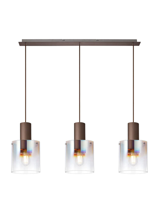 Chisholm Linear Pendant, 3 Light Adjustable E27, Mocha/Iridescent Fade Glass